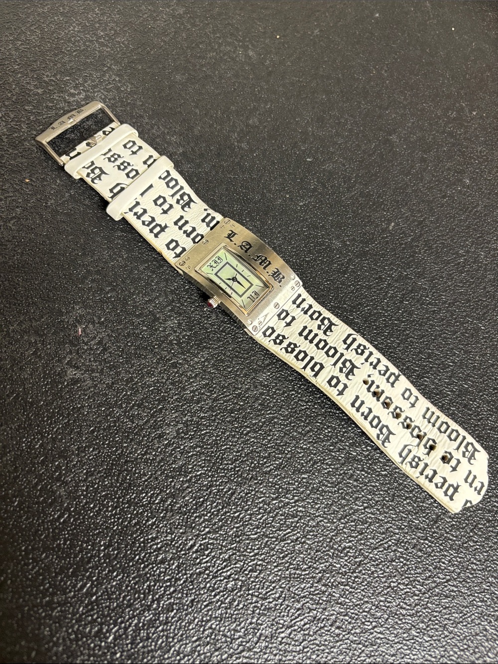 VTG L.A.M.B. Gwen Stefani Silver Tone Text Leather Strap Watch Y2K